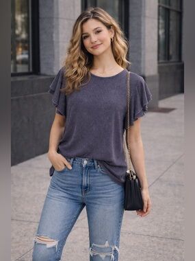 NWT BiBi Charcoal Gray Ribbed Flutter Sleeve Top | Medium